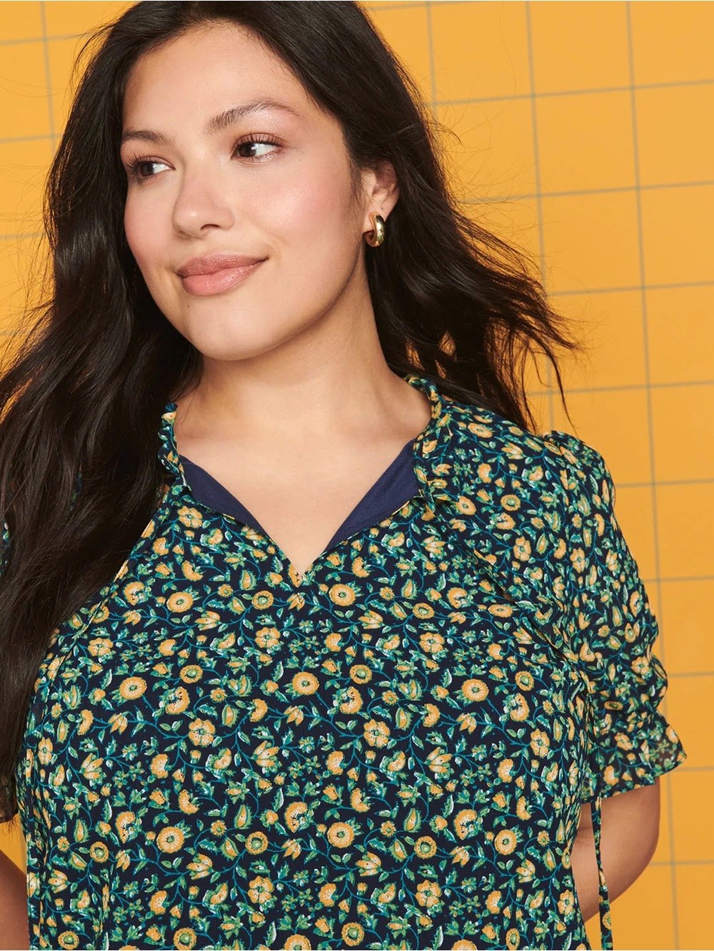 J.Crew Floral Ruffle Neck Blouse Small Blue Yellow Short Sleeve Top
